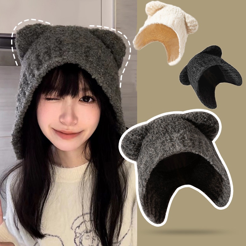 Women Fashion Knitting Hat Winter Windproof Korean Style Cute Bear Ears ...