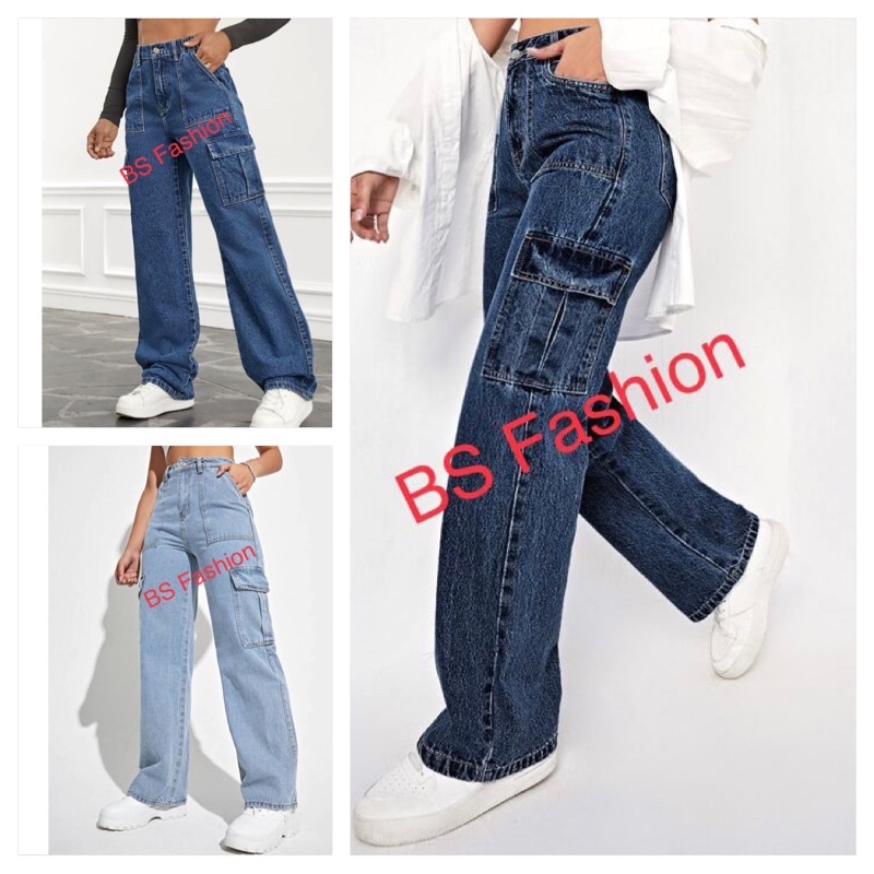 ( Ready Stock )Long Palazzo Cargo 6 Pocket Solid Denim Jeans New Design ...