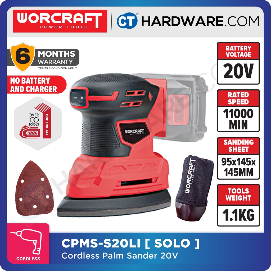 WORCRAFT CPMSS20LI CORDLESS PALM SANDER 20V 11000/MIN 95 X 145 X