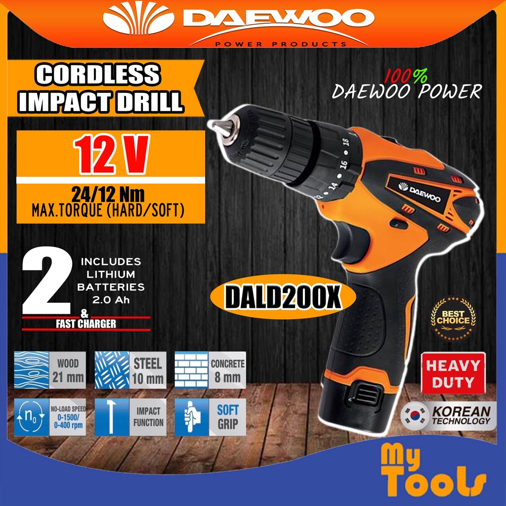 Mytools DAEWOO CORDLESS IMPACT DRILL SET 12V (DALD200X) | Shopee Malaysia