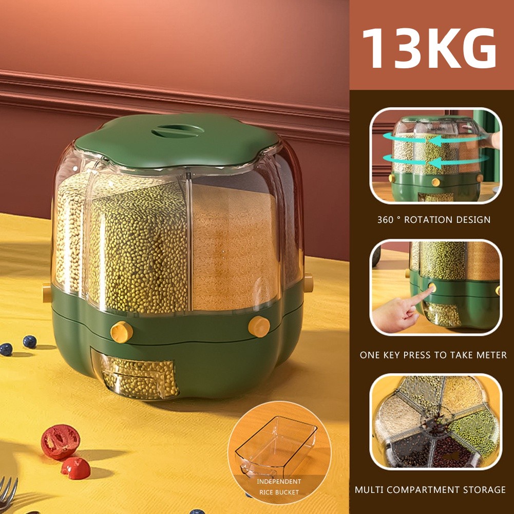13KG 6 Grid Rotating Rice Dispenser Rice Storage Bucket Rice And Grain