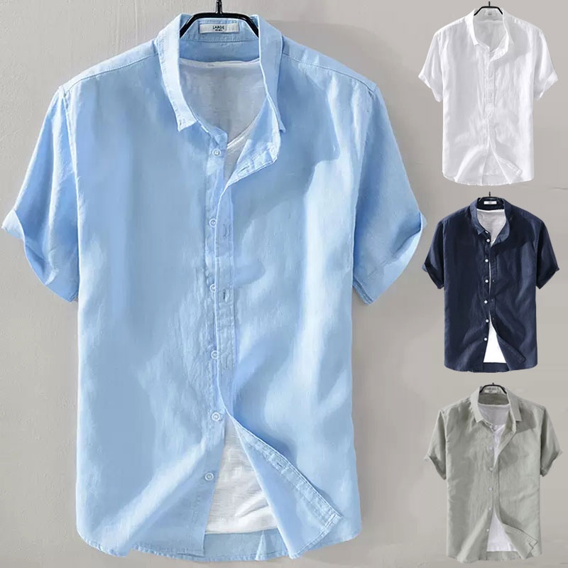 Linen Shirt Man Summer Short Sleeve Casual Cotton Linen Plus Size Loose ...