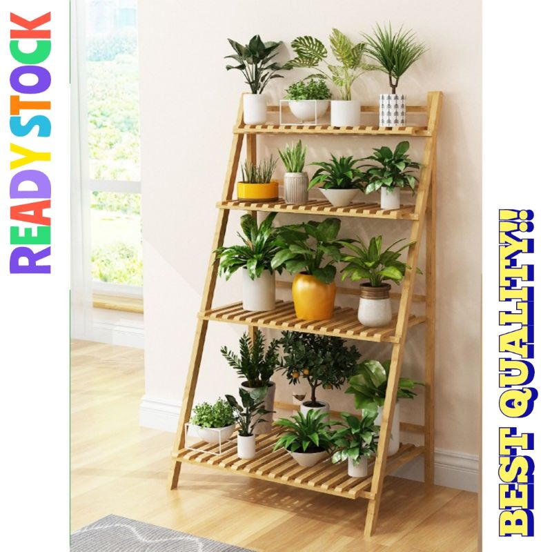 rak kayu Wooden Shelf Rack Flower Pot Vase Garden Plant Stand rak Kayu ...