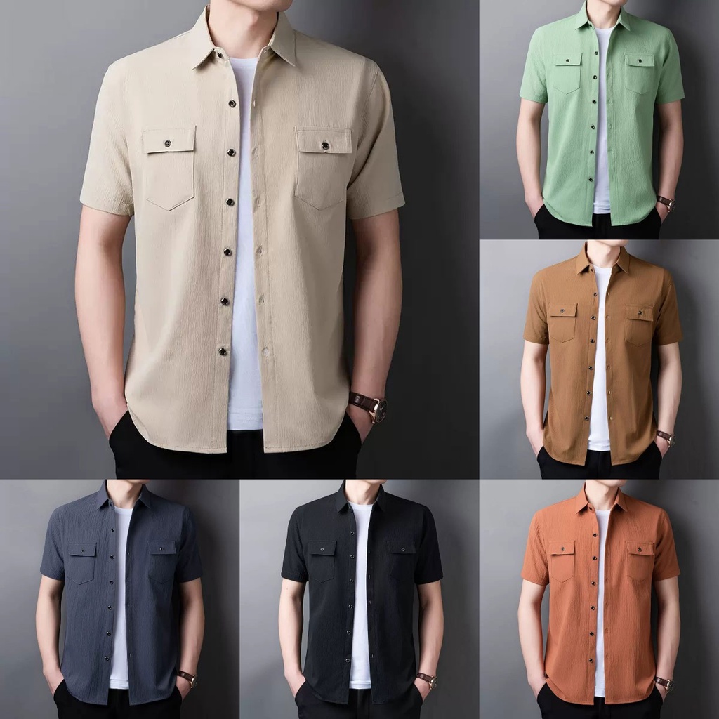 Workwear Shirt Man Summer Loose Plus Size Casual Pocket Khaki Short ...