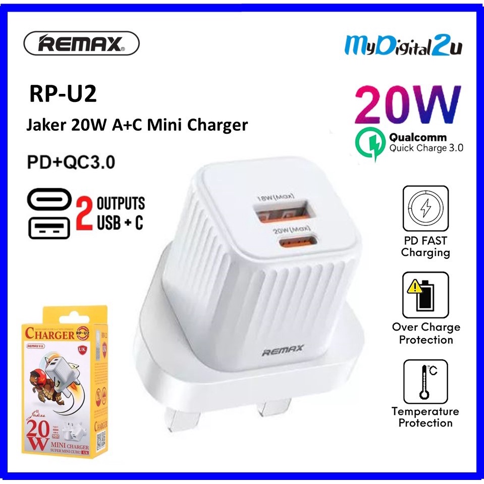 Remax RP-U2 Jaker Series Type-C + USB 20W PD Fast Charger Adapter Quick ...