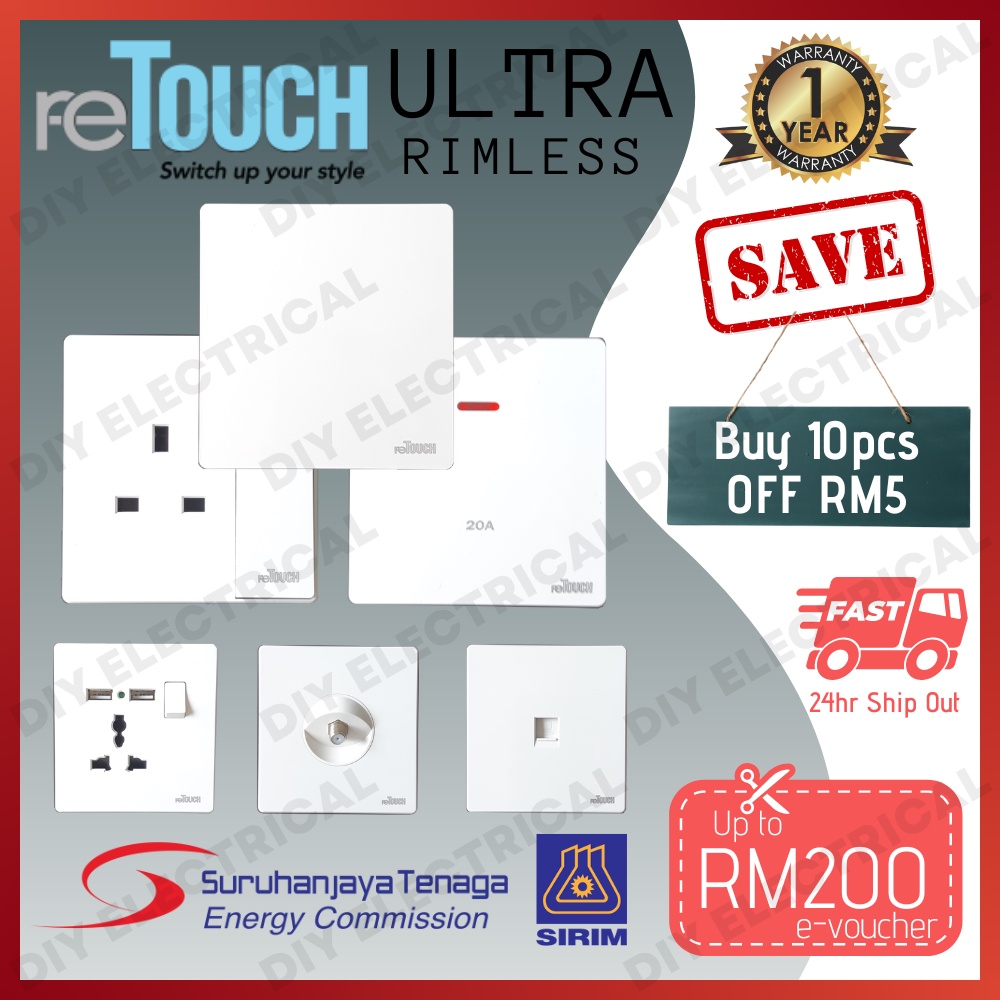 reTouch Ultra Rimless Modern Wall Switch Socket 13A 15A 20A Aircond ...