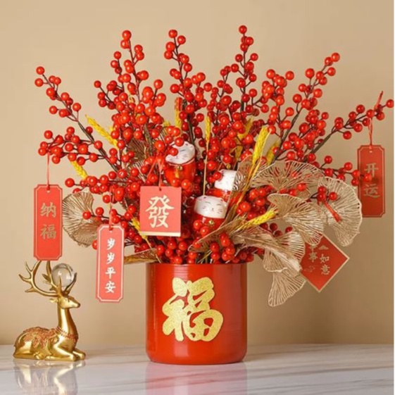 [2025新年M'sia] 仿真红果花金叶花桶装饰 │CNY Artificial Cherry Flowers Gold Leaf