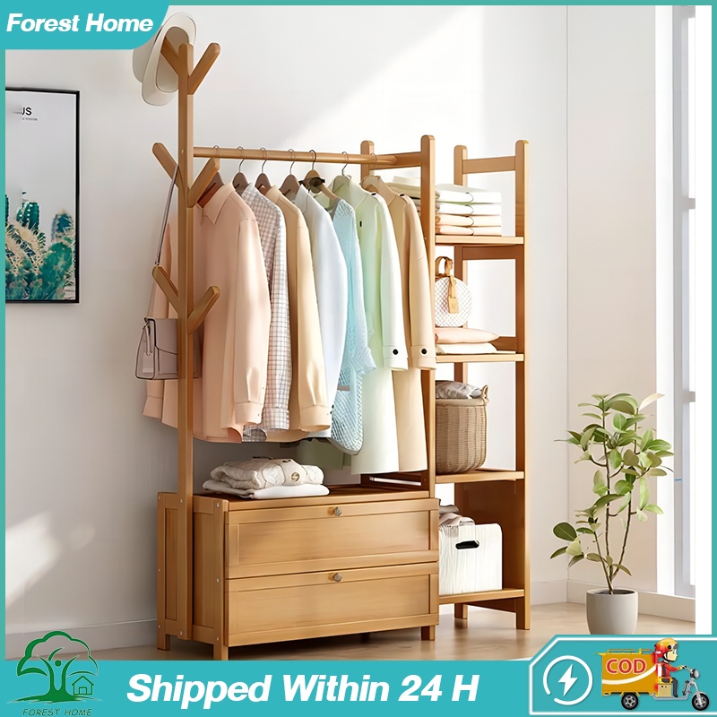 Clothes Hanger Rack Wooden Coat Rack with Drawer Floor Coat Hanger ...