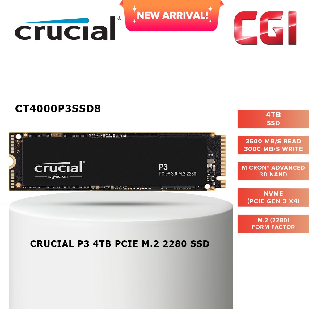 Crucial P3 4TB PCIe 3.0 3D NAND NVMe M.2 SSD, up to 3500MB/s
