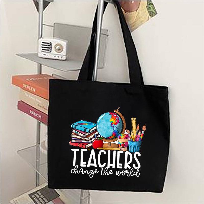 Best Teacher Print Canvas Zipper Bag Fashion Black Tote Bags Ladies ...