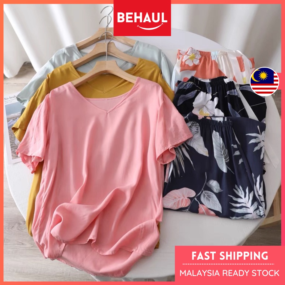 BEHAUL Women Plain Sleepwear Short Sleeved Pyjamas Shirt Female Baju ...