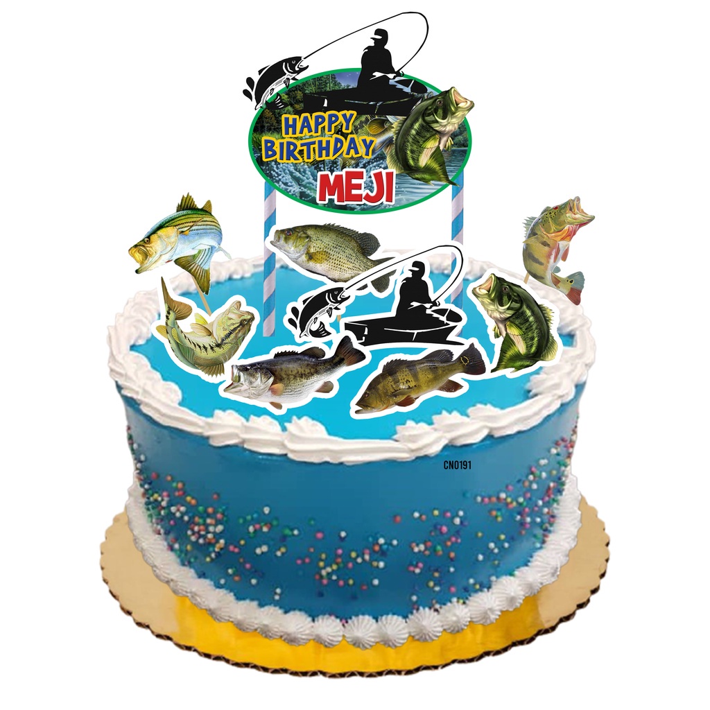 CUSTOM NAME] Happy Birthday Cake Topper Fishing Joran Memancing