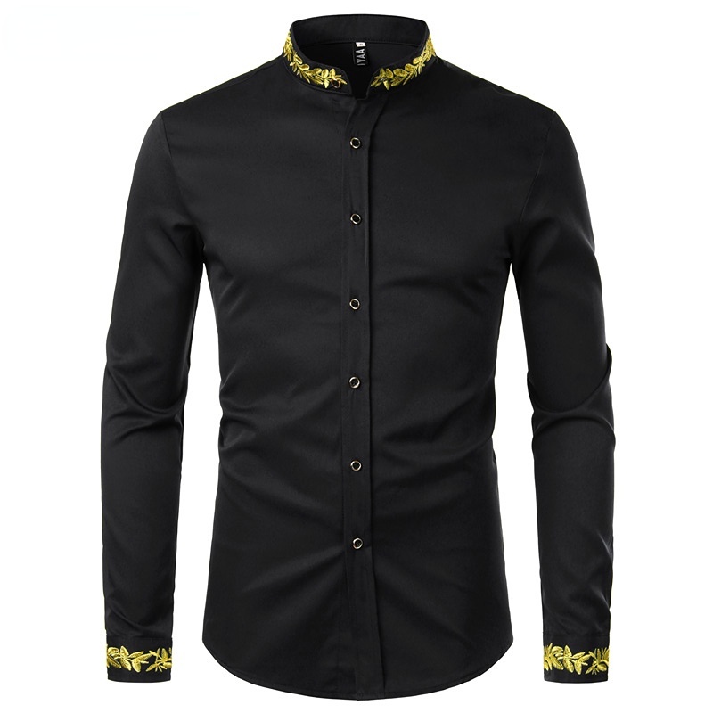Black Gold Embroidery Shirt Men Spring New Mens Dress Shirts Stand Collar  Button Up Shirts | Shopee Malaysia