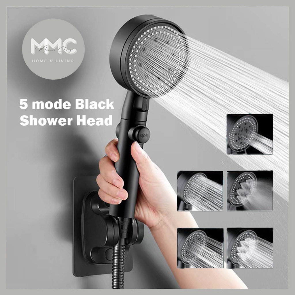 Shower Head Water Saving Black 5 Mode Adjustable High Pressure Shower ...