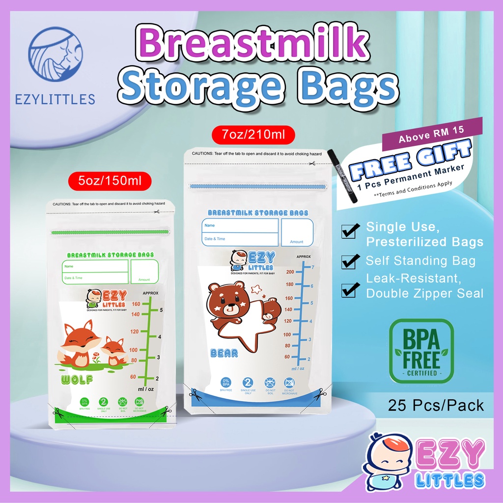 EZYLITTLES Breastmilk Storage Bag 5oz 7oz Breast Milk Double Zip lock