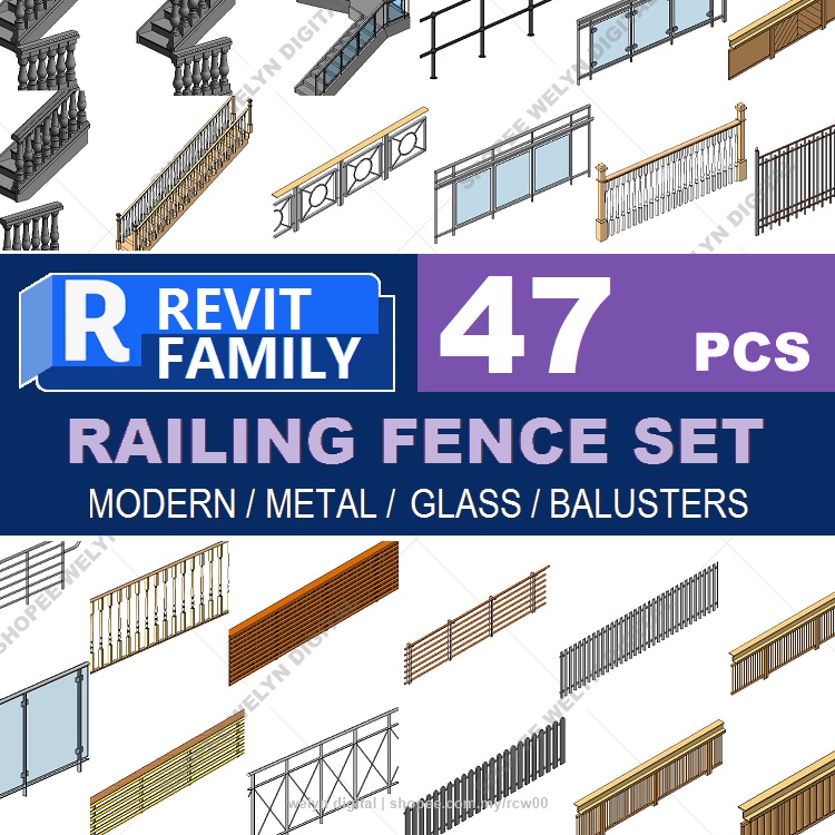 Autodesk Revit 2024 47 Railing Fence set Revit Family Files
