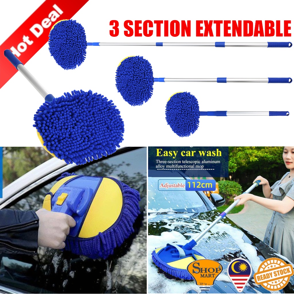 3 Section Extendable Car Wash Mop Telescopic Rod Stick Chenille Fabric