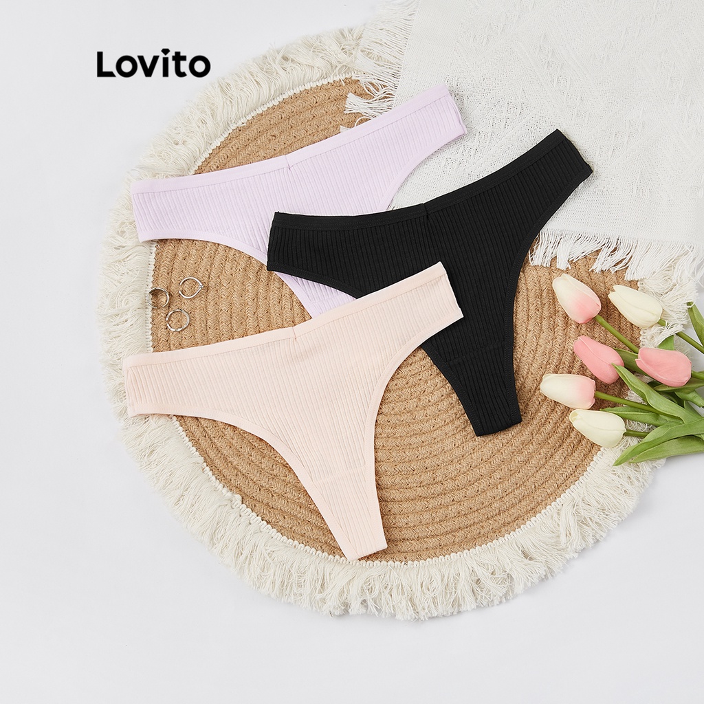 Lovito 3Pcs Casual Plain Hipster Thong Underwear Panty for Women