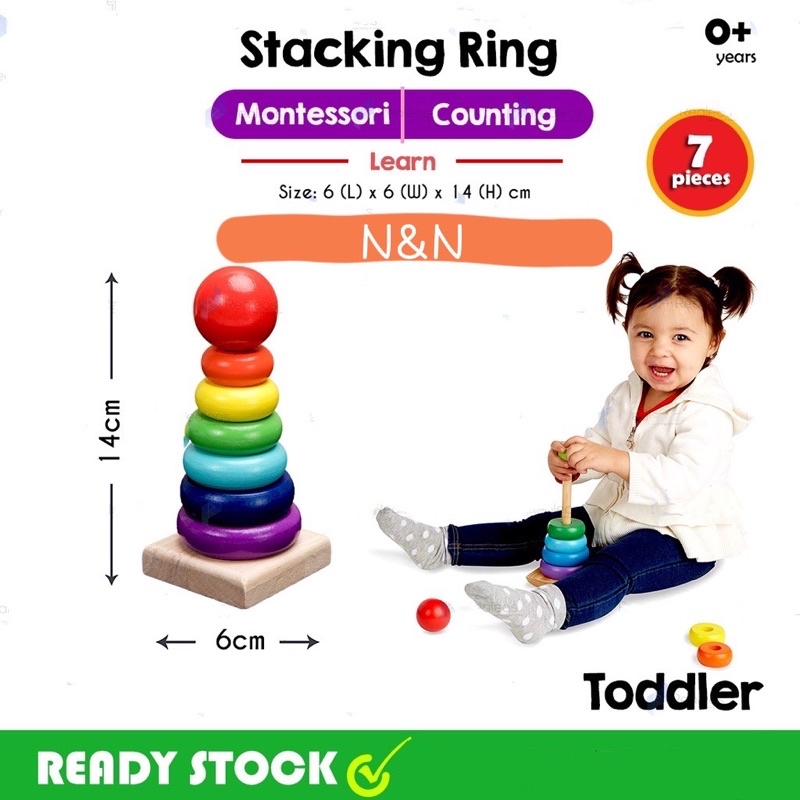 Mini Wooden Toys Club Stacking Rings Set Montessori 6 Ring Sensory Baby