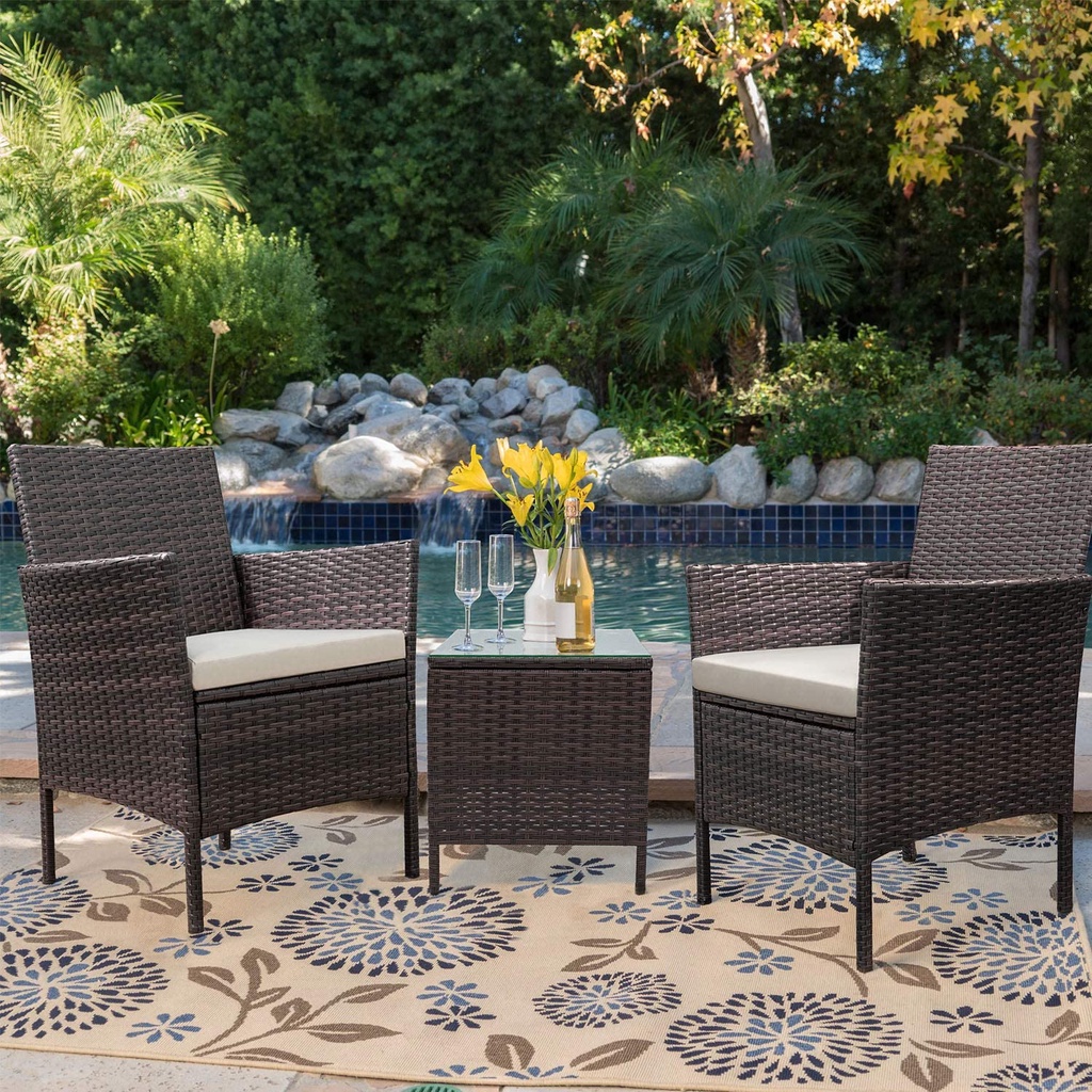 LAMOND Patio Porch Furniture Sets 3 Pieces PE Rattan Wicker Chairs with