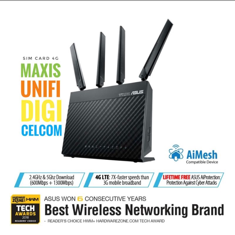 Asus 4GAC68U Dual Band LTE WiFi Modem Router with Parental Controls