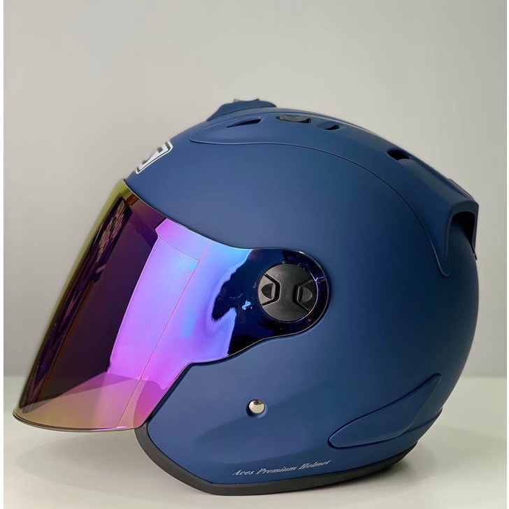 Aces R2+ Matt Blue Premium Open Face Helmet With Siap Rainbow Visor 