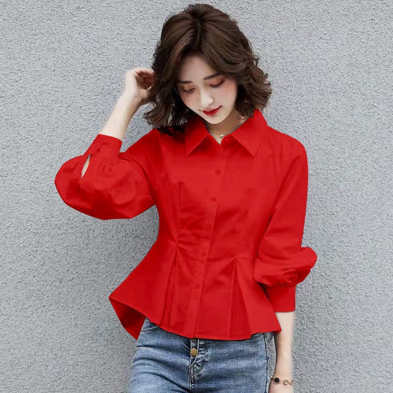Long Sleeve Shirt Women Fashion Simple Red Blouse Korean Style Office ...