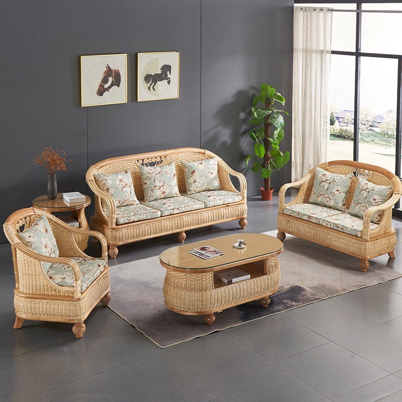 timi rattan sofa combination living room solid wood real rattan weaving ...