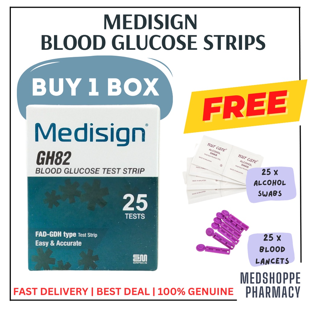 Medisign GH82 Blood Glucose Test Strips 25's [Free alcohol swab 25's