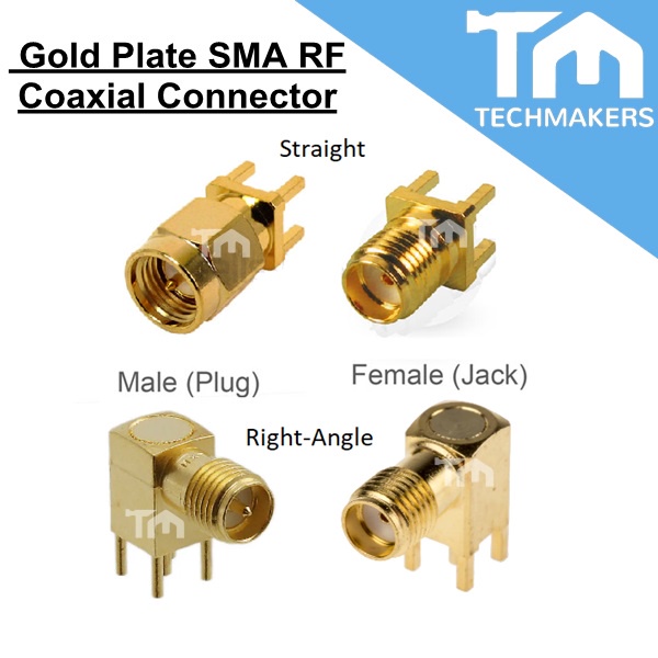 1pc of Gold Plate SMA RF Coaxial Connector Male (Plug) Female (Jack) PCB Mount Straight / Right Angle (RA) TechMakers