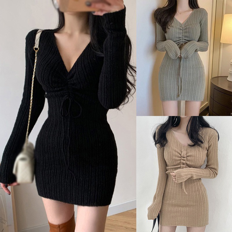 Knitted Bodycon Dress Women's V Neck Long Sleeve Slim Fit Hip Wrap ...