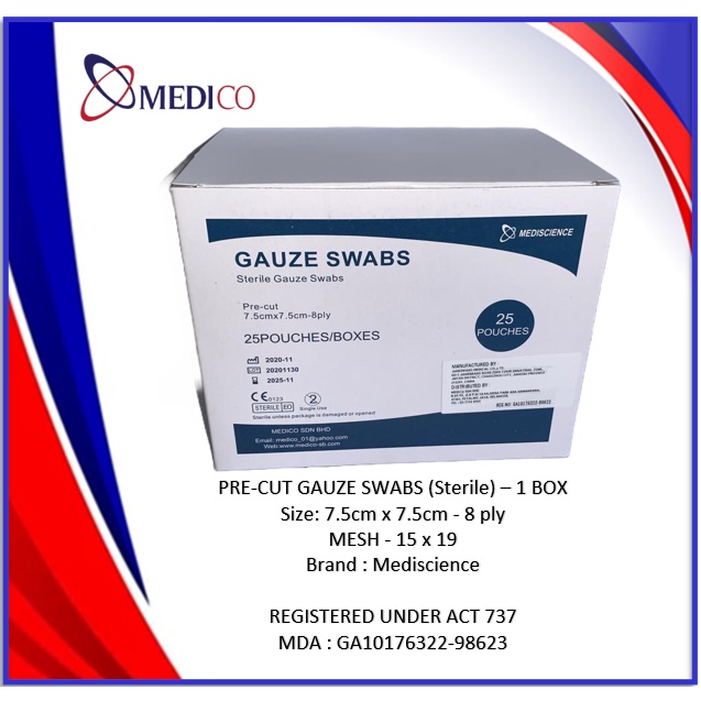 PRE-CUT GAUZE SWABS (Sterile), Size:7.5cm X 7.5cm - 8 Ply : 1 BOX ...