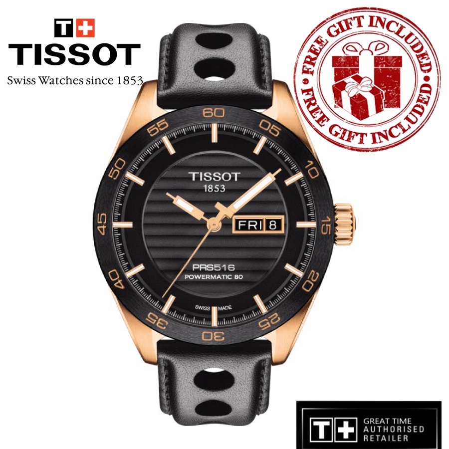 Tissot T100.430.36.051.00 Gent s PRS 516 Powermatic 80 Black Leather Strap Watch T1004303605100