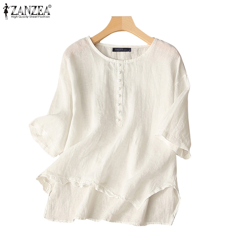 Zanzea Women Casual Loose Short Sleeve O Neck Solid Cotton Slit Hem Tee