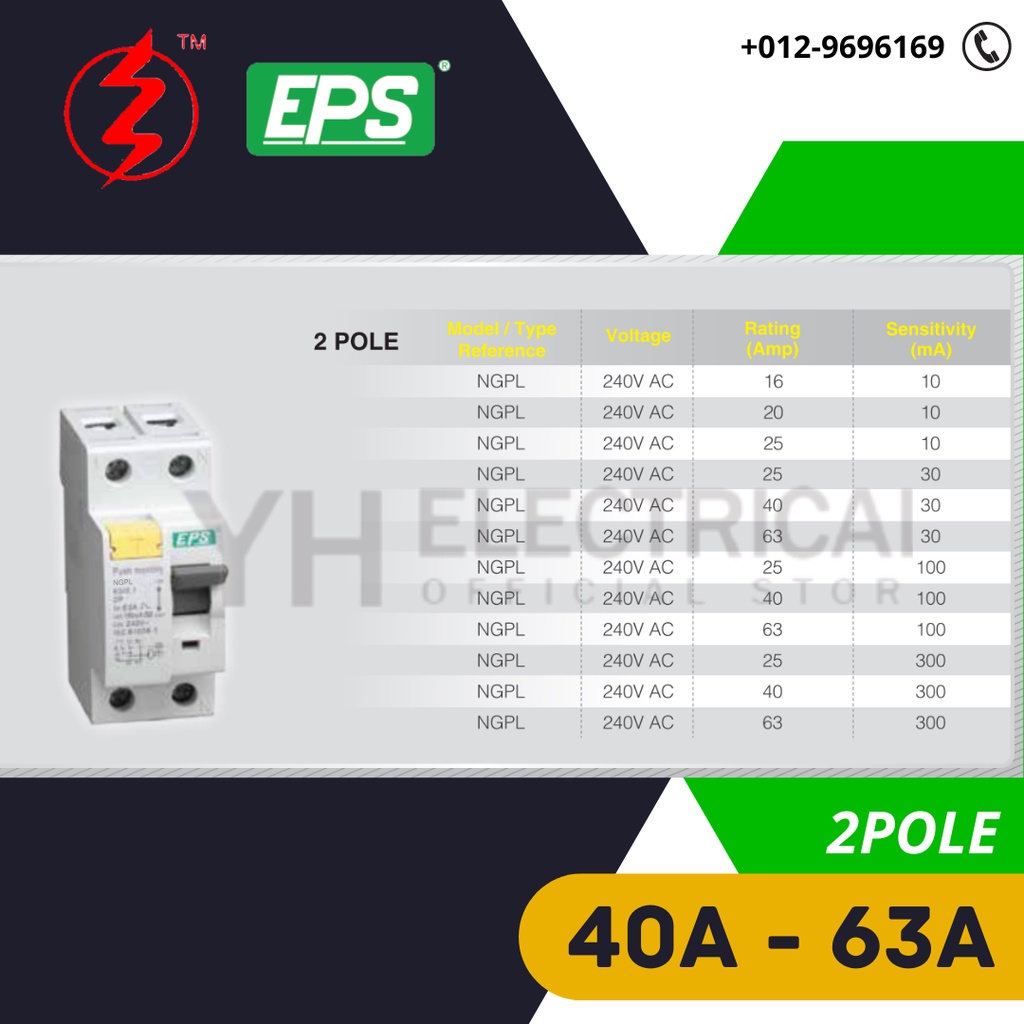 EPS 25A / 40A / 63A 2 POLE 10mA / 30mA AND 100mA ELCB / RCCB (SIRIM ...