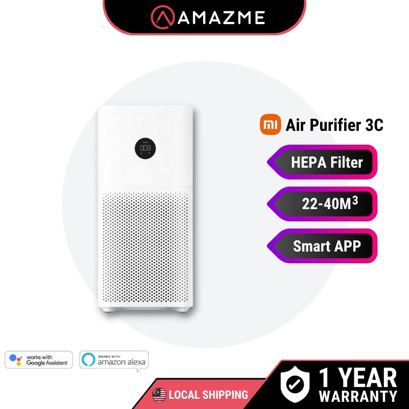 Mi Air Purifier 3C, 3-Layer Integrated 360° cylindrical HEPA filter Removes  99.97% of Pollutants, Delivers 5330 liters of purified air per minute, APP