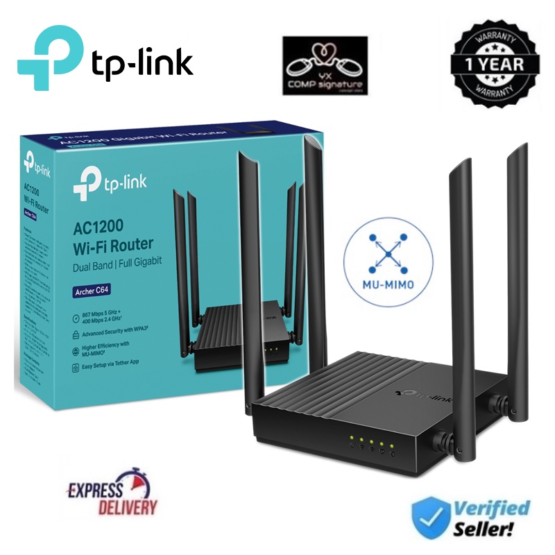 TP-LINK ARCHER C64 MU-MIMO WAVE 2 GIGABIT AC1200 WIRELESS WIFI ROUTER ...