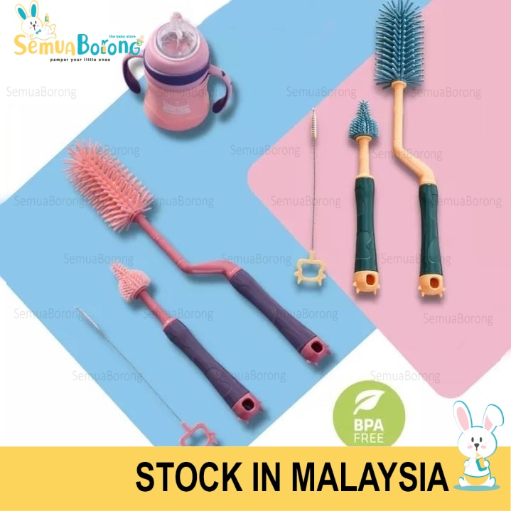 3Pcs Baby Feeding Bottle Cleaning Brush Rotary Handle Soft Silicone