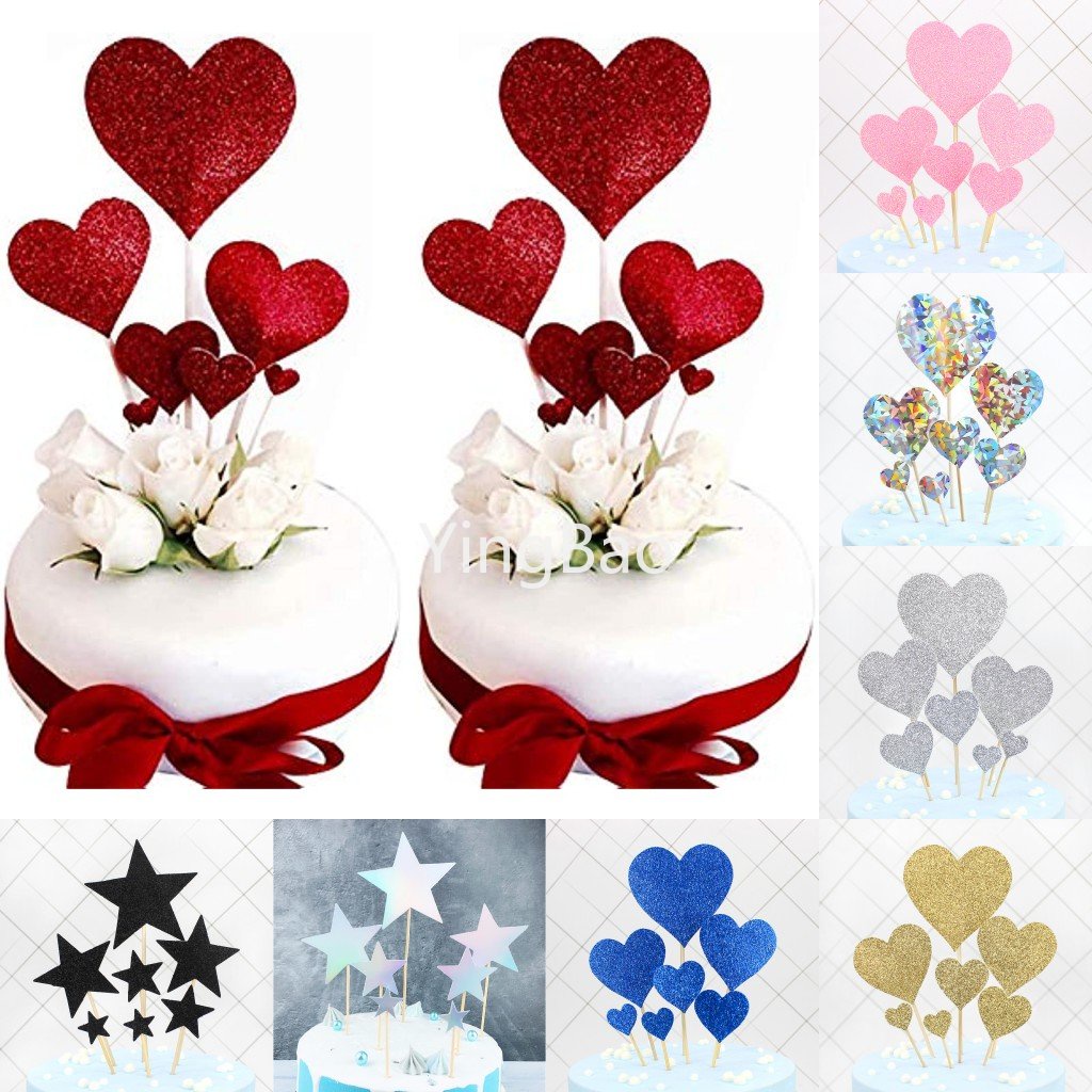 7pcs/set Glitter heart-shaped Cake Topper Love heart Cupcake Topper for ...