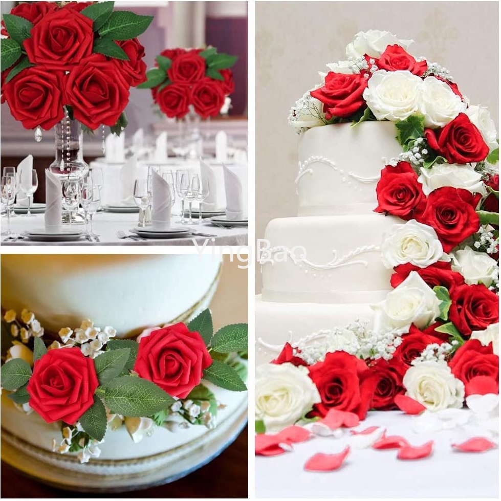 10pcs 8cm Artificial Flowers Cake topper Foam Fake Roses with Stems for ...