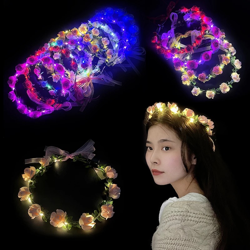 LED Women Girl Glow Light Up Headband/ Bridal Flower Wreath Crown Neon ...