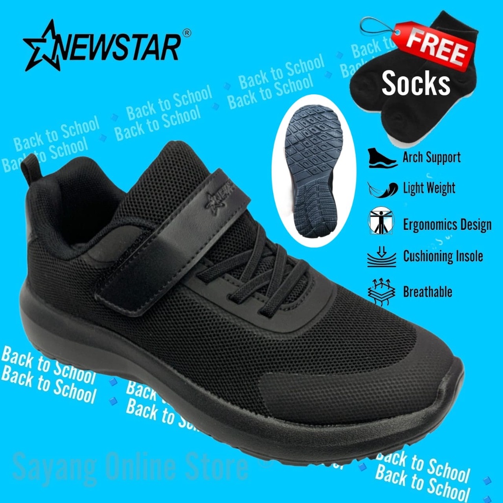 Original Newstar Kasut Sekolah Hitam W721b Extra Light Velcro Strap