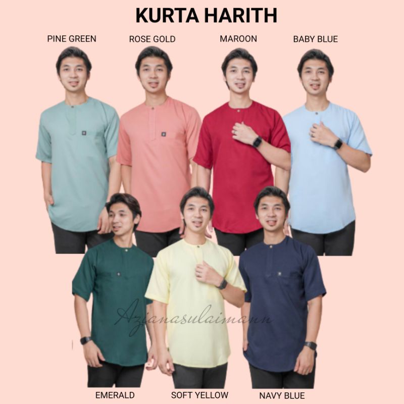 KURTA HARITH LENGAN PENDEK TELUK BELANGA / SOFT YELLOW EMERALD NAVY ...