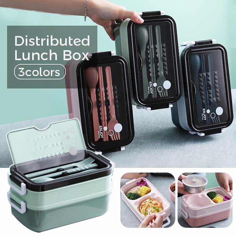 Double Layer 304 Stainless Steel Bento Lunch Box Microwavable Spoon ...