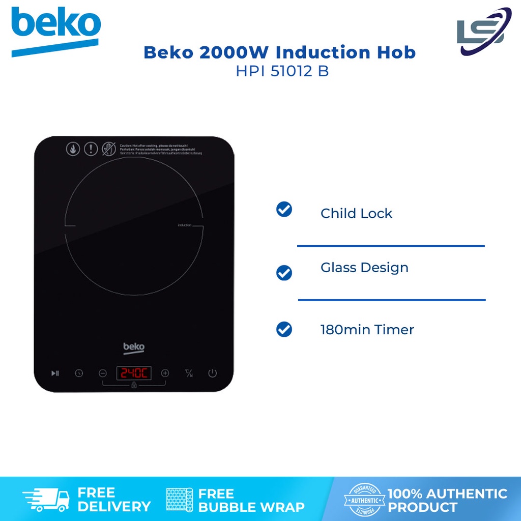 Beko 2000W Induction Hob HPI 51012 B Child Lock 180min Timer 10