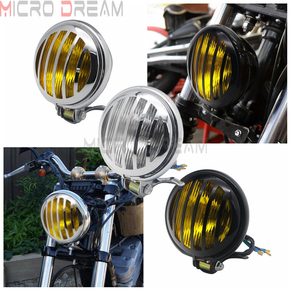 5 inch Black/Chrome Cafe Racer Retro Headlights Grill Headlamp Amber ...