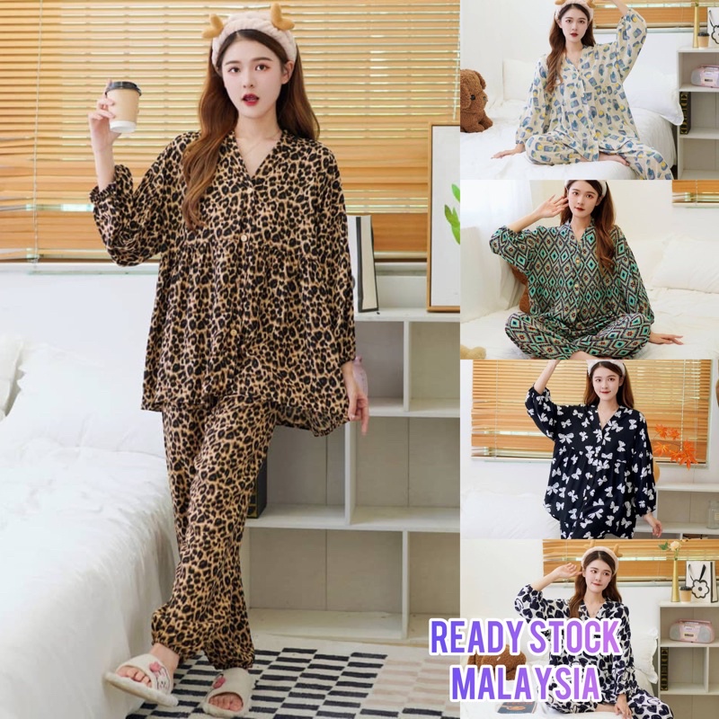 Baju Tidur Plus Size Cotton Silk Printed Pyjamas Set Baju tidur Wanita ...