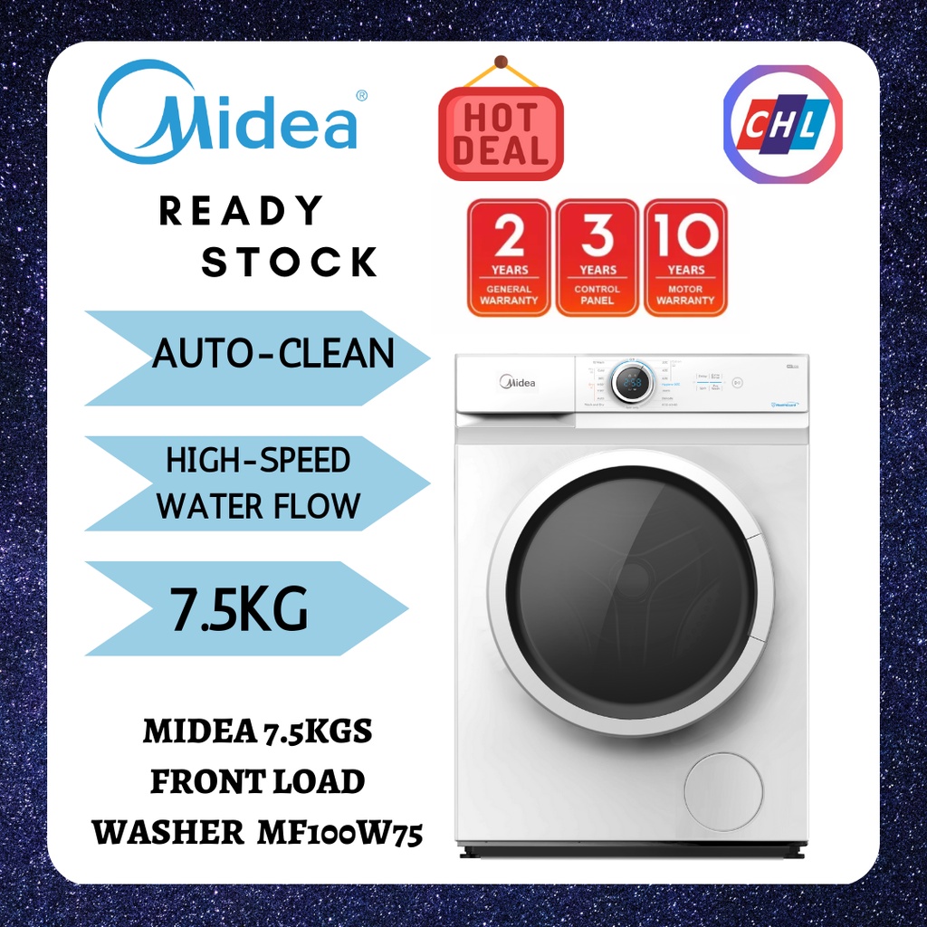 Midea (Ready Stock) 7.5Kg Front Load Washer MF100W75Midea Warranty