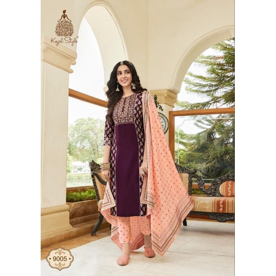 Purple Chinon Silk Top With Plazo And Dupatta For Indian & Pakistani Wedding occasion - Thread & Sequence Embroidery