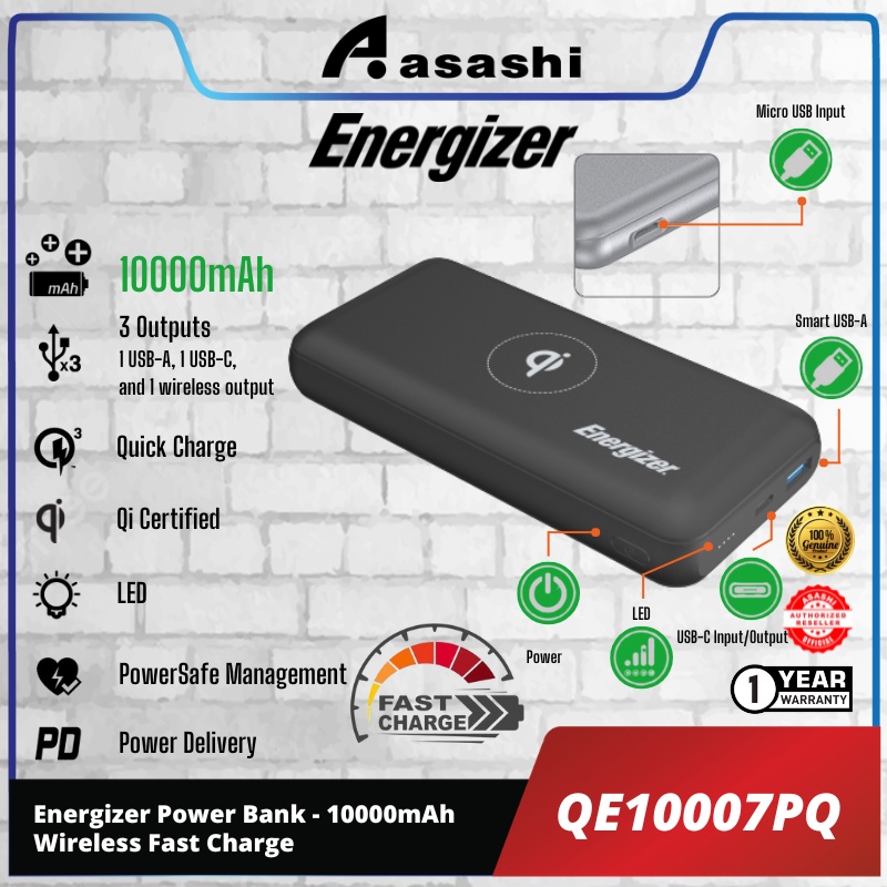 Energizer QE10007PQ 10000mah Qi Certified Wireless Power Bank - 3 ...